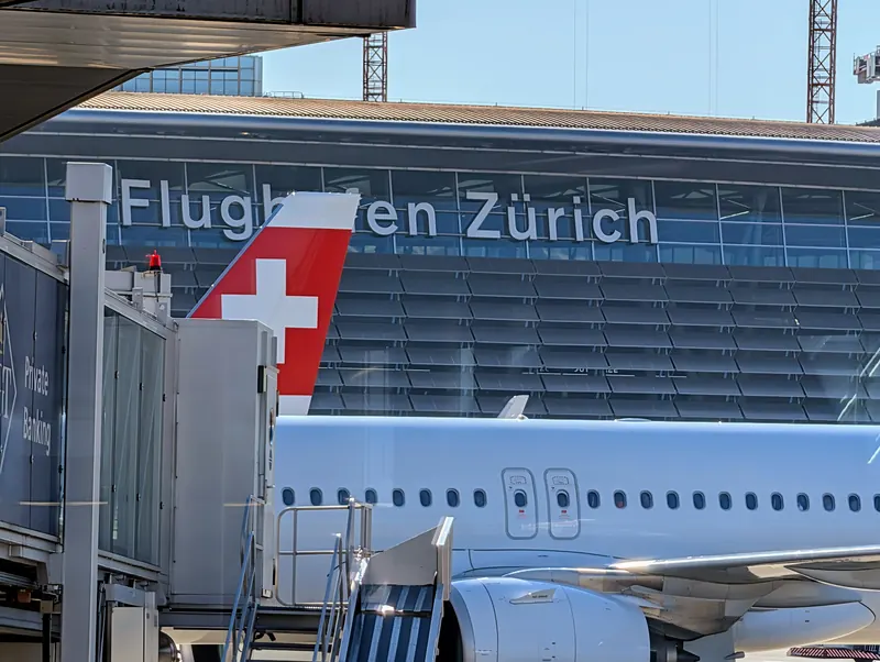 Zurich Airport with a Swiss aircraft at the gate